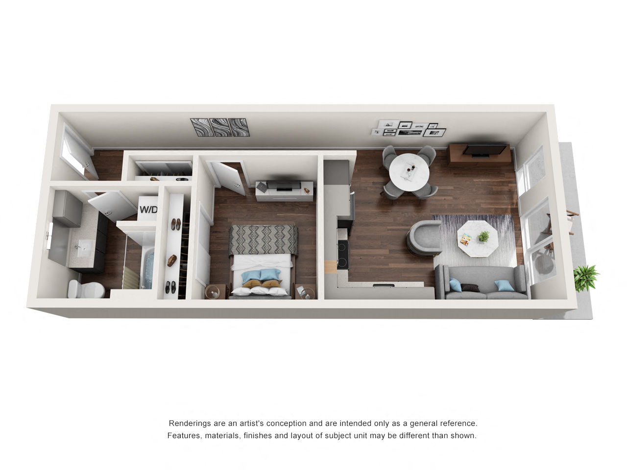 Floor plan for 1 bed, 1 bath, 665 sqft